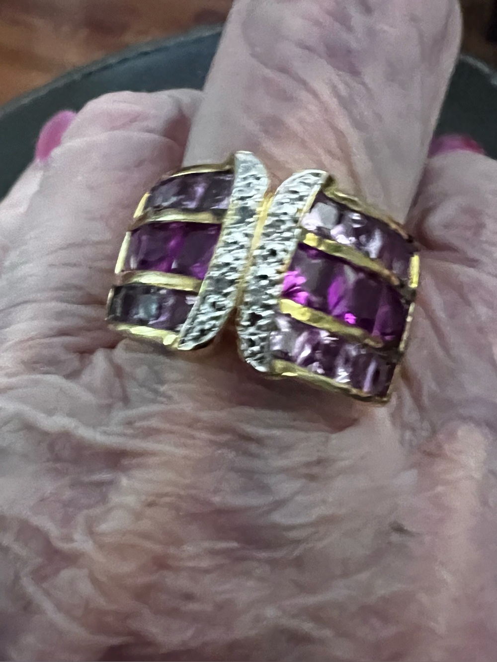 925 Gold-Over Ring with Pink and Dark pink  Stones and Clear Accents